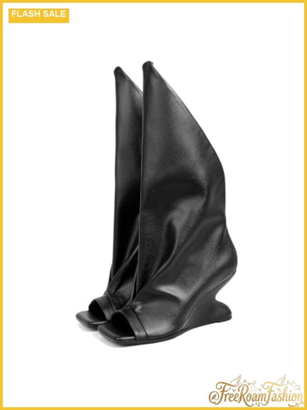 Slouchy Knee-High Peep-Toe Wedge Boots Faux Leather Pull-On